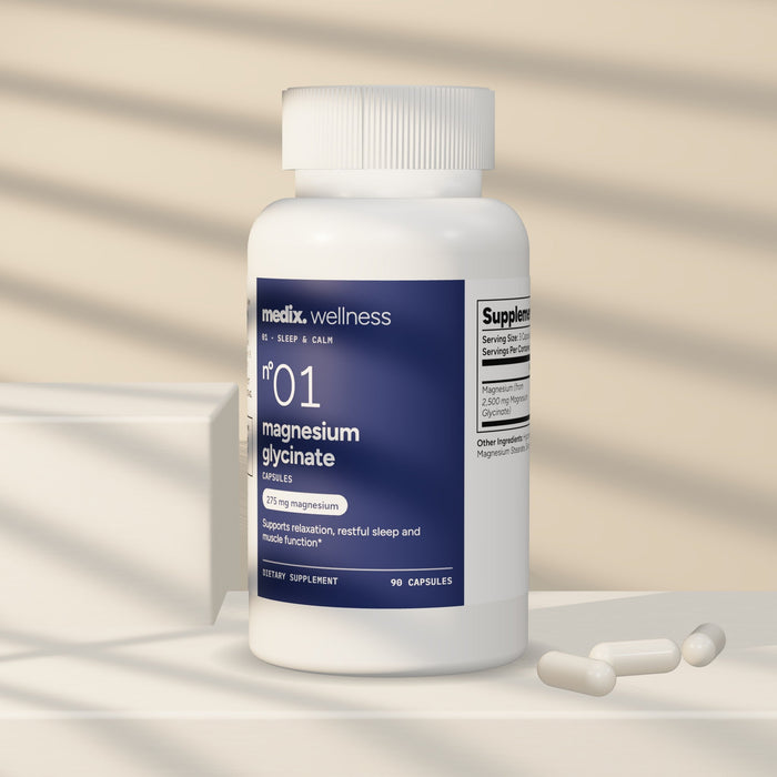 Medix formula 01 magnesium glycinate bottle in warm evening light