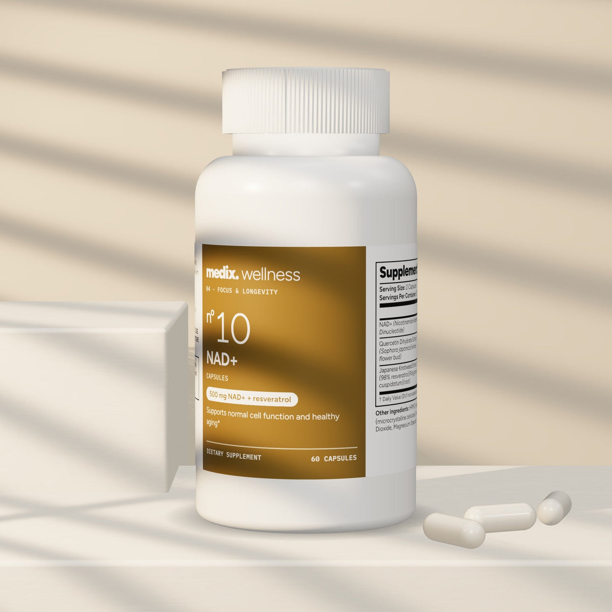Medix formula 10 NAD+ supplement bottle in morning light